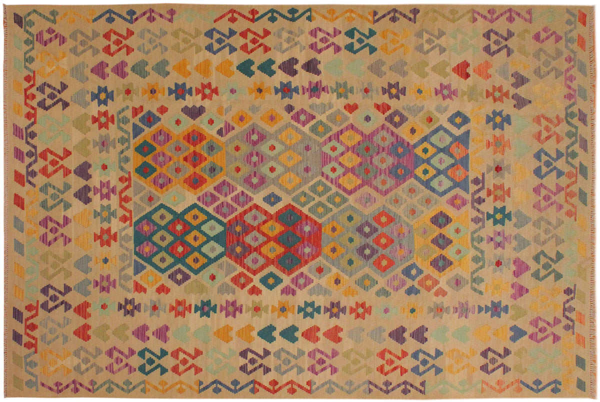 7x10 hand woven Turkish Kilim wool rug in beige and red - Tribal Janay Turkish