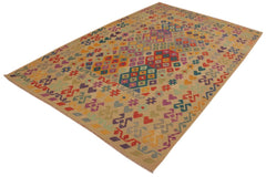 Flat Weave Kilim Antique Navaho Vintage handmade Geometric Kilim Beige Red Hand-Woven Rectangle 100% Wool Area Rug 7x10 