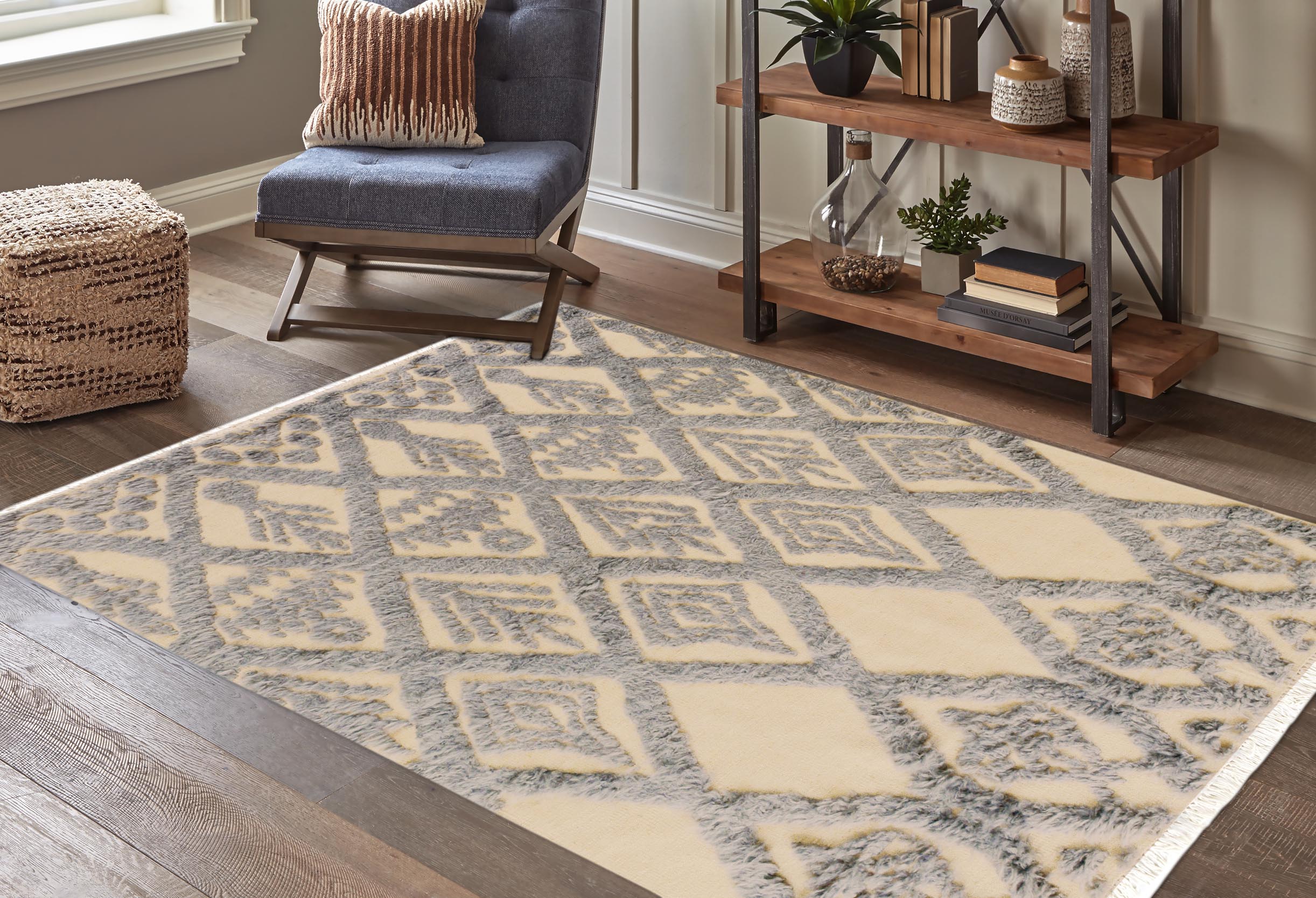 handmade Geometric Moroccan Hi Ivory Blue Hand Knotted RECTANGLE 100% WOOL area rug 5' x 7'