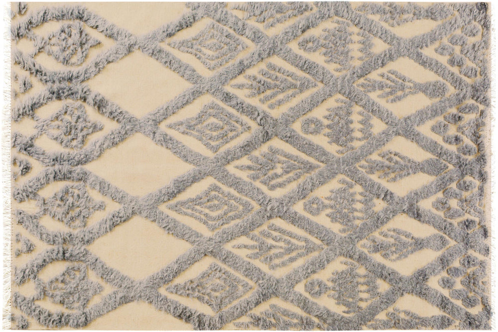 handmade Geometric Moroccan Hi Ivory Blue Hand Knotted RECTANGLE 100% WOOL area rug 5' x 7'