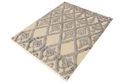 handmade Geometric Moroccan Hi Ivory Blue Hand Knotted RECTANGLE 100% WOOL area rug 5' x 7'