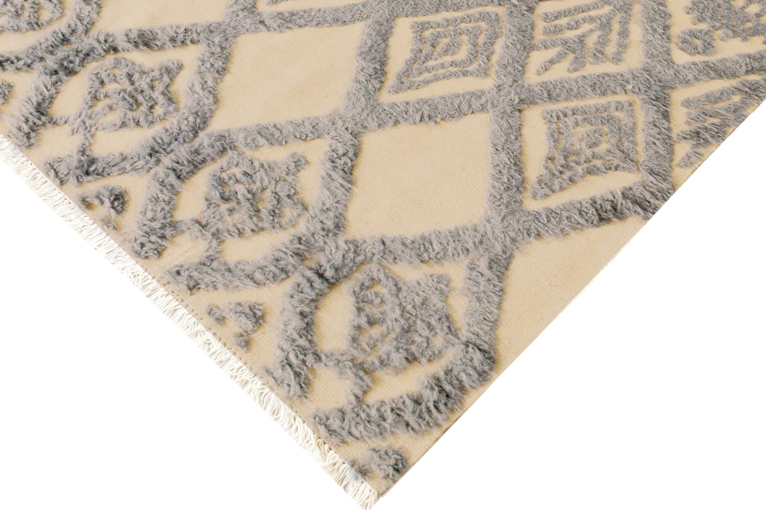 handmade Geometric Moroccan Hi Ivory Blue Hand Knotted RECTANGLE 100% WOOL area rug 5' x 7'