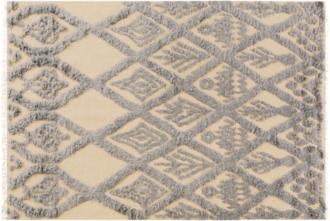 handmade Geometric Moroccan Hi Ivory Blue Hand Knotted RECTANGLE 100% WOOL area rug 5' x 7'