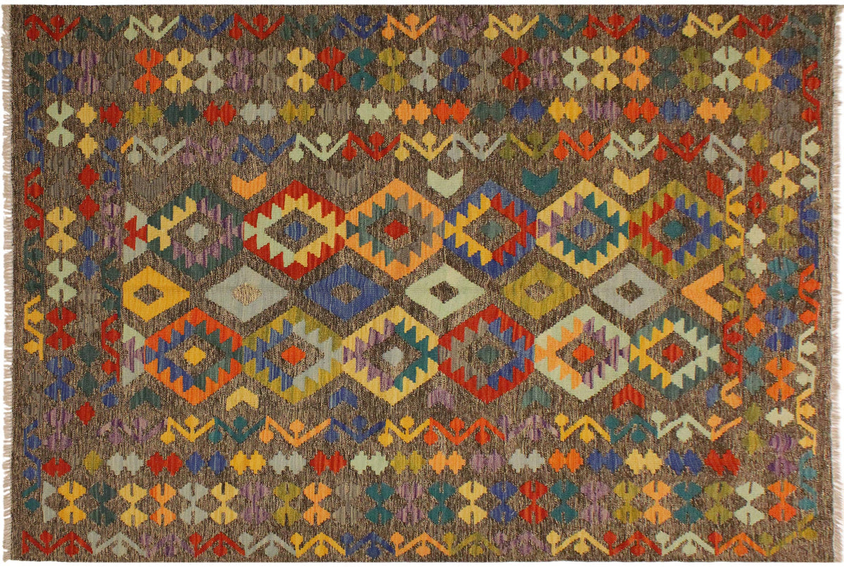 6x8 hand woven Turkish Kilim wool rug in brown and blue - Ethnic Versie Turkish