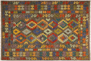 handmade Geometric Kilim Brown Blue Hand-Woven RECTANGLE 100% WOOL area rug 6 x 8