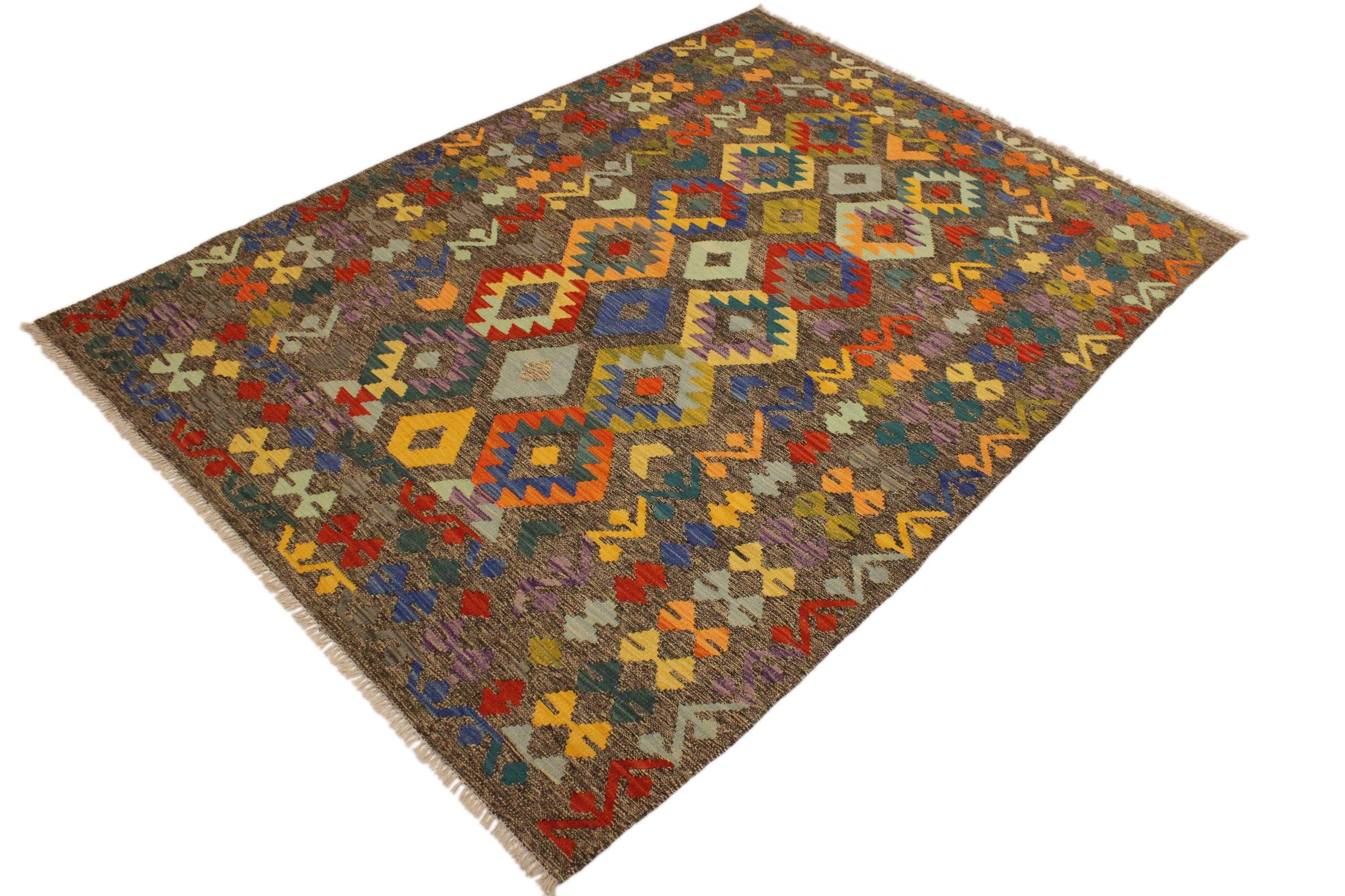 handmade Geometric Kilim Brown Blue Hand-Woven RECTANGLE 100% WOOL area rug 6 x 8