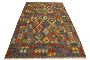 handmade Geometric Kilim Brown Blue Hand-Woven RECTANGLE 100% WOOL area rug 6 x 8