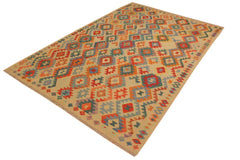Flat Weave Kilim Antique Navaho Vintage handmade Geometric Kilim Tan Blue Hand-Woven Rectangle 100% Wool Area Rug 7x10 