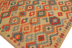 Flat Weave Kilim Antique Navaho Vintage handmade Geometric Kilim Tan Blue Hand-Woven Rectangle 100% Wool Area Rug 7x10 