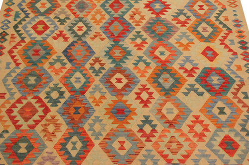 handmade Geometric Kilim Tan Blue Hand-Woven RECTANGLE 100% WOOL area rug 7 x 10