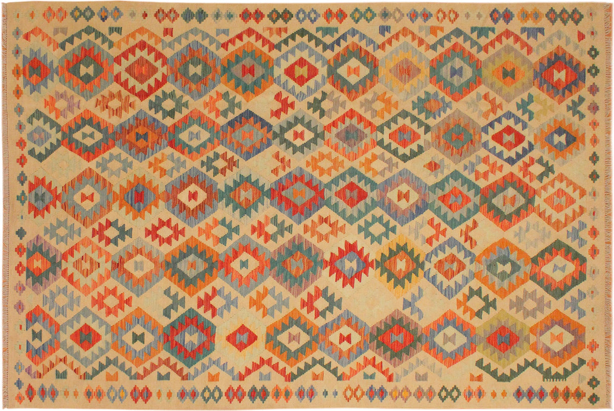 6x10 hand woven Turkish Kilim wool rug in tan and blue - Chic Elinor Turkish
