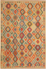 Flat Weave Kilim Antique Navaho Vintage handmade Geometric Kilim Tan Blue Hand-Woven Rectangle 100% Wool Area Rug 7x10 