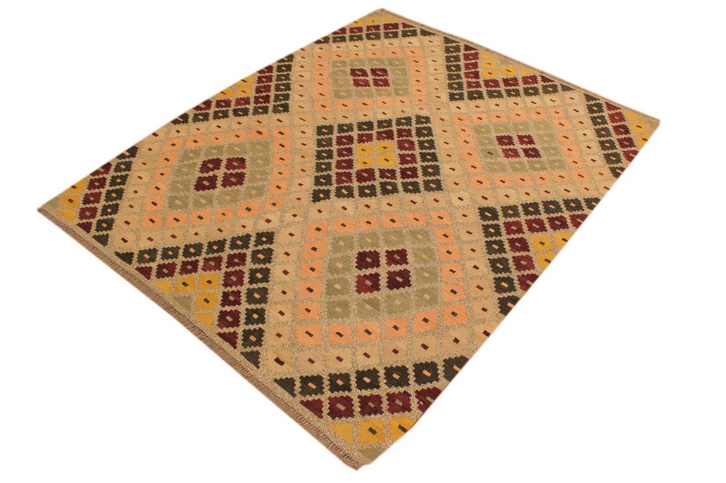 Flat Weave Kilim Antique Navaho Vintage handmade Modern Kilim Tan Beige Hand-Woven Rectangle 100% Wool Area Rug 5x7 
