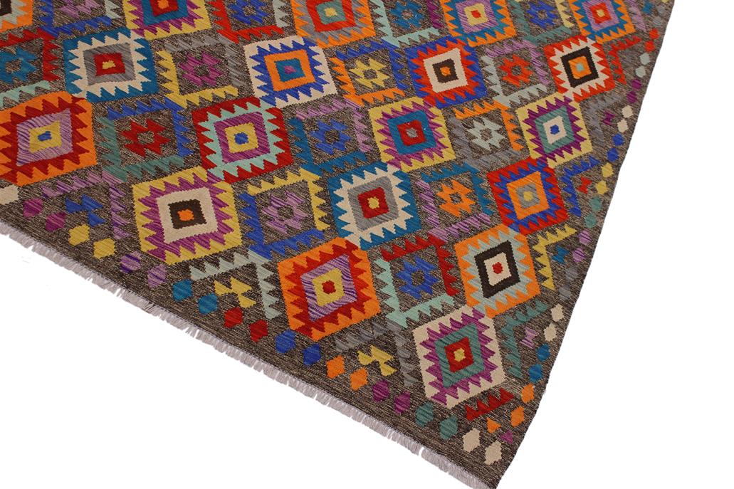 Flat Weave Kilim Antique Navaho Vintage handmade Geometric Kilim Brown Blue Hand-Woven Rectangle 100% Wool Area Rug 7x10 