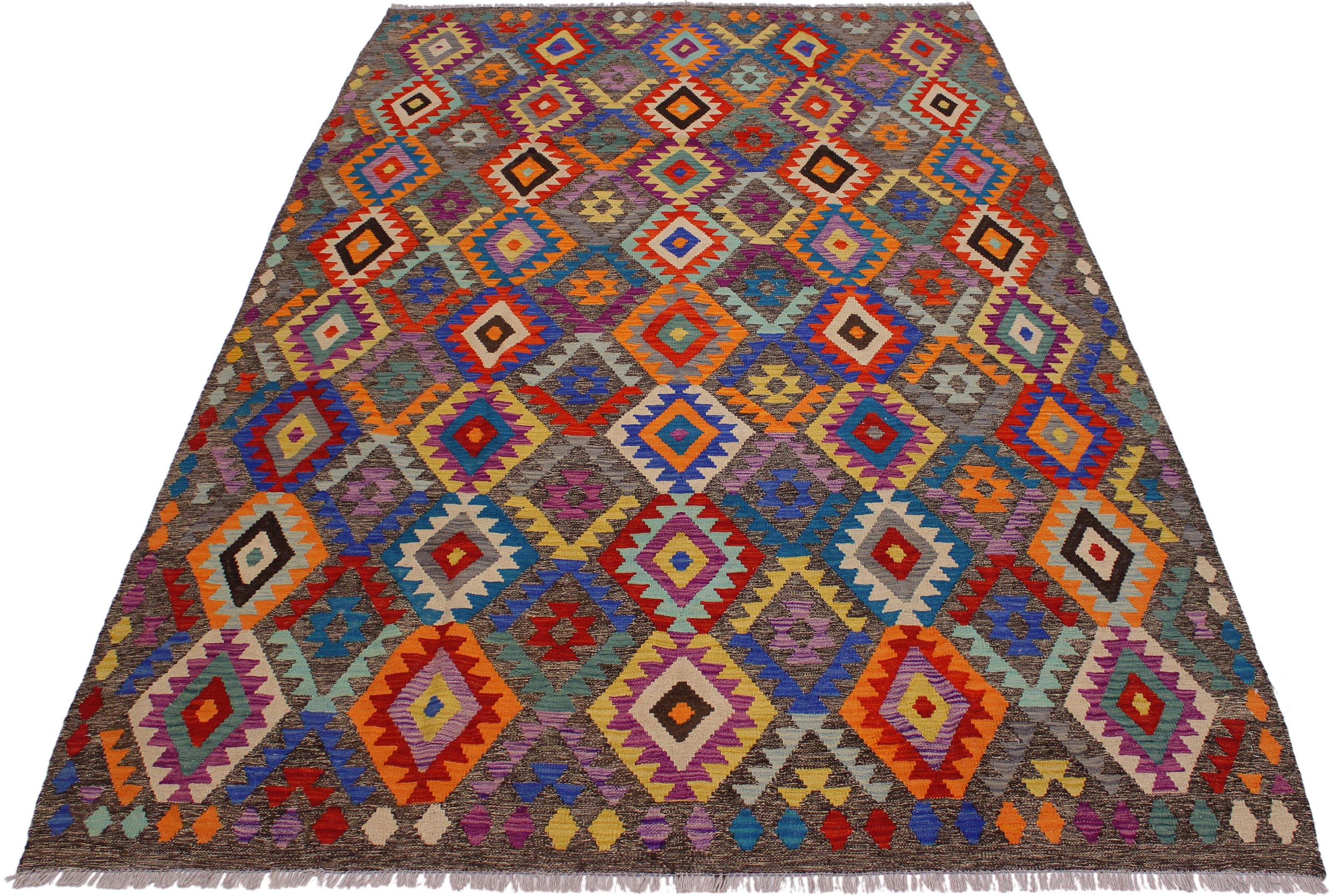 handmade Geometric Kilim Brown Blue Hand-Woven RECTANGLE 100% WOOL area rug 7 x 10