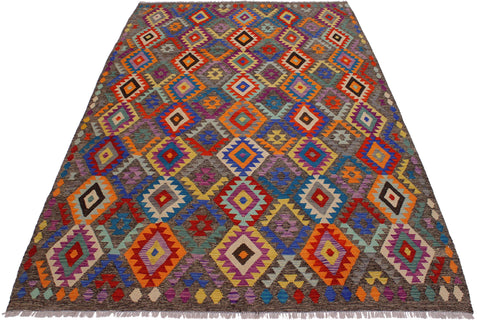 handmade Geometric Kilim Brown Blue Hand-Woven RECTANGLE 100% WOOL area rug 7 x 10