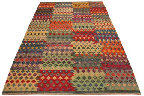 handmade Modern Kilim Green Red Hand-Woven RECTANGLE 100% WOOL area rug 7x10