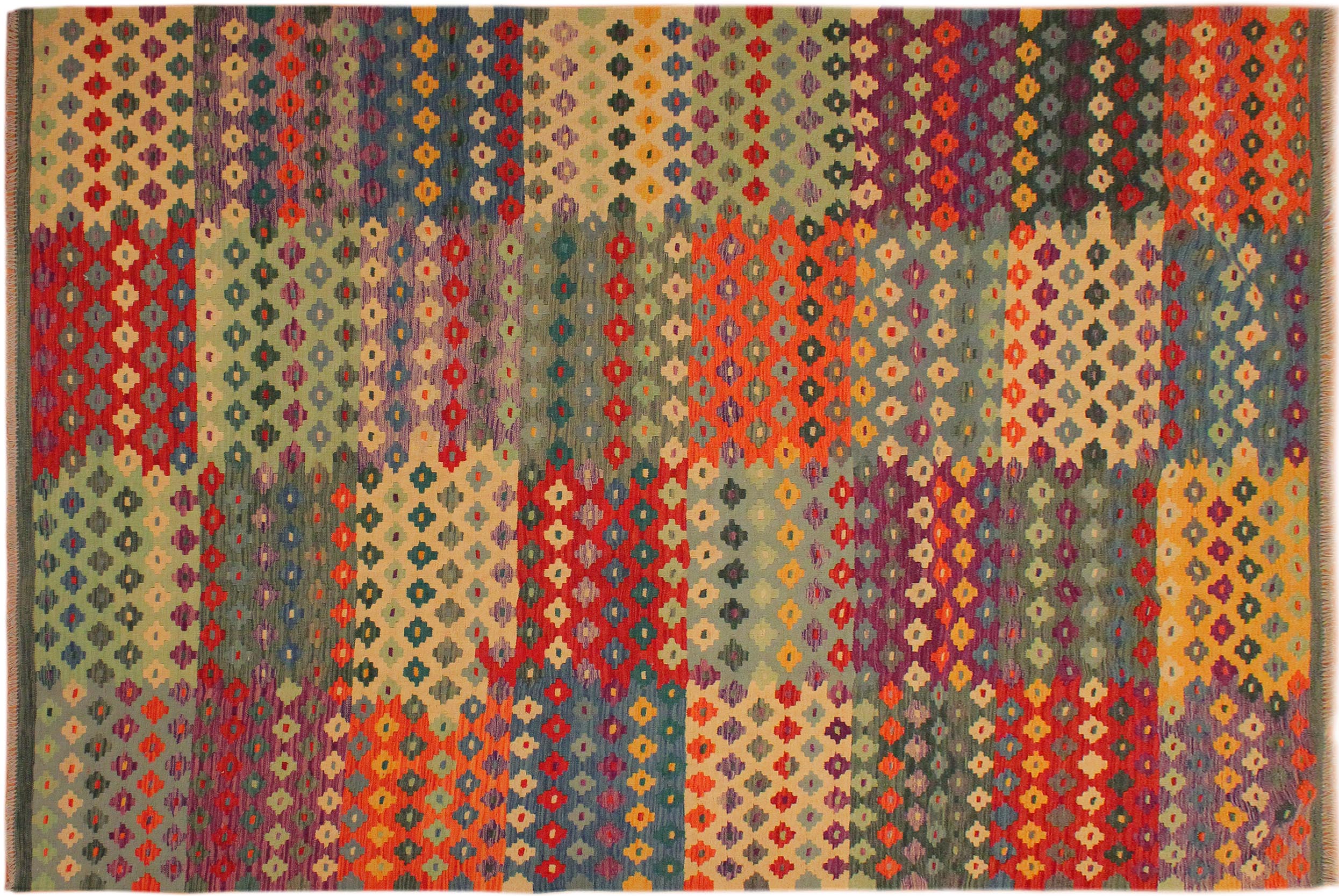 handmade Modern Kilim Green Red Hand-Woven RECTANGLE 100% WOOL area rug 7x10