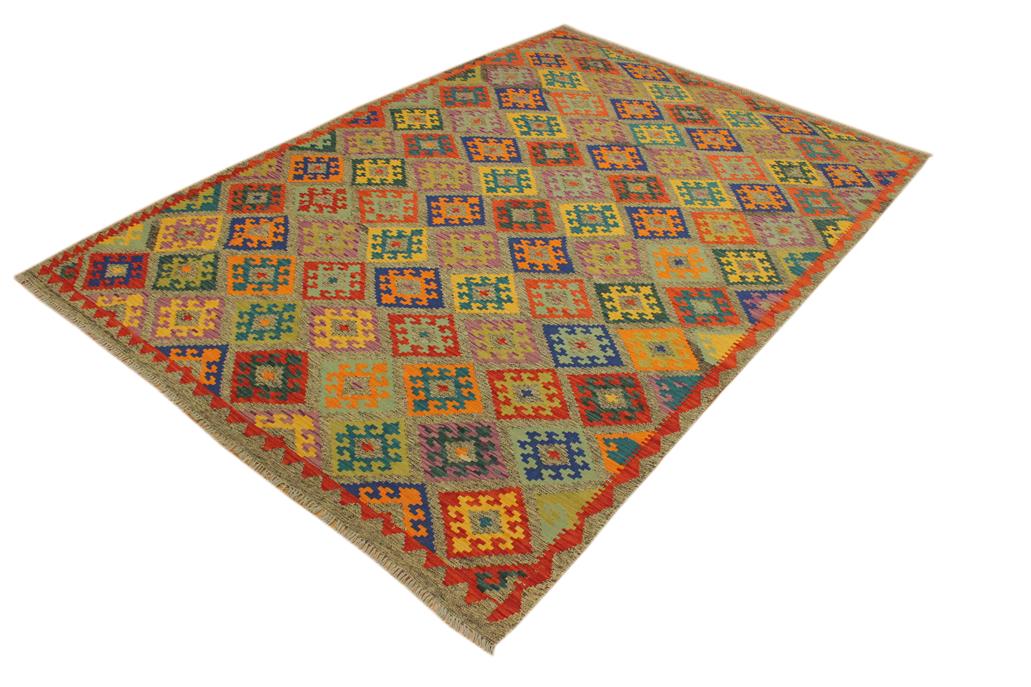 Flat Weave Kilim Antique Navaho Vintage handmade Geometric Kilim Gray Blue Hand-Woven Rectangle 100% Wool Area Rug 7x10 