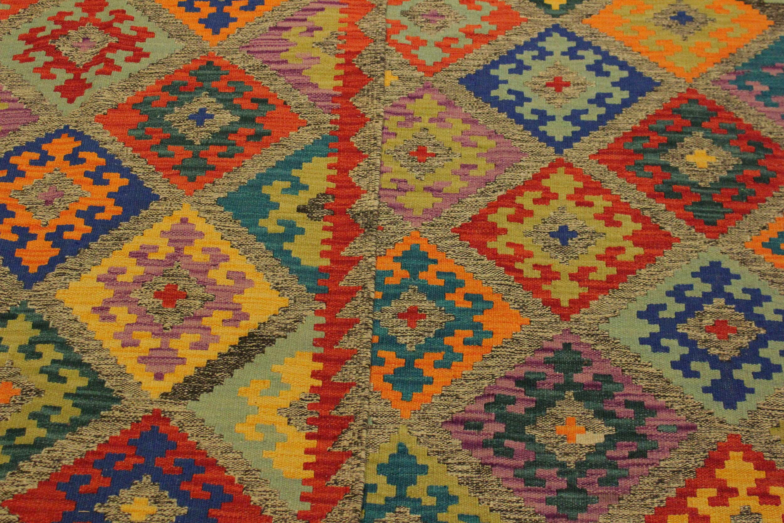 handmade Geometric Kilim Gray Blue Hand-Woven RECTANGLE 100% WOOL area rug 7 x 10