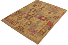 Flat Weave Kilim Antique Navaho Vintage handmade Geometric Kilim Gray Purple Hand-Woven Rectangle 100% Wool Area Rug 5x7 