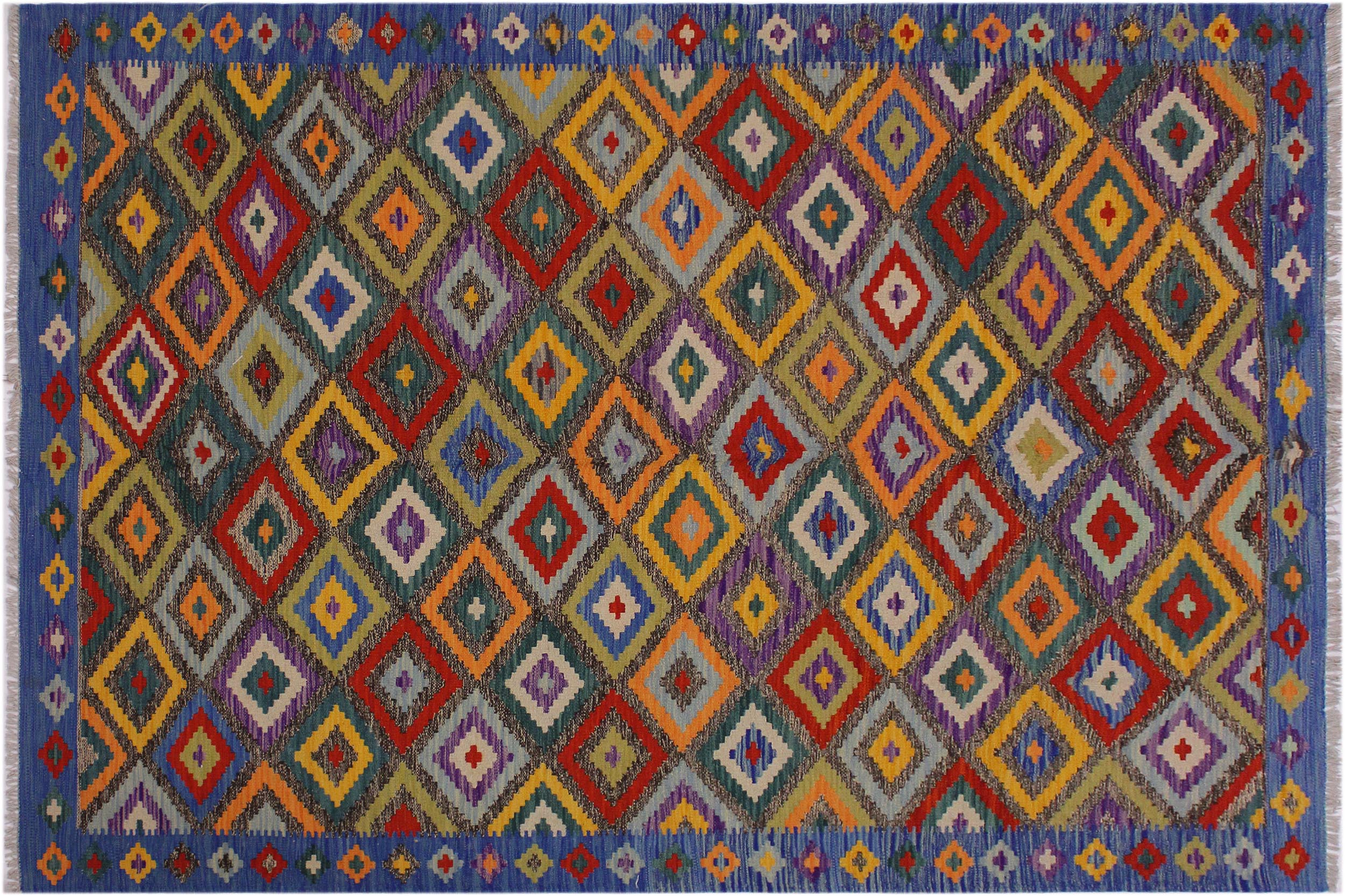 handmade Geometric Kilim Brown Blue Hand-Woven RECTANGLE 100% WOOL area rug 5 x 8