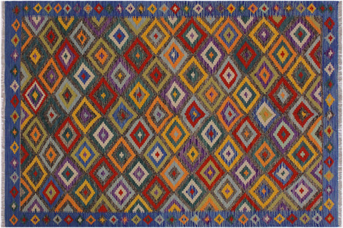 handmade Geometric Kilim Brown Blue Hand-Woven RECTANGLE 100% WOOL area rug 5 x 8