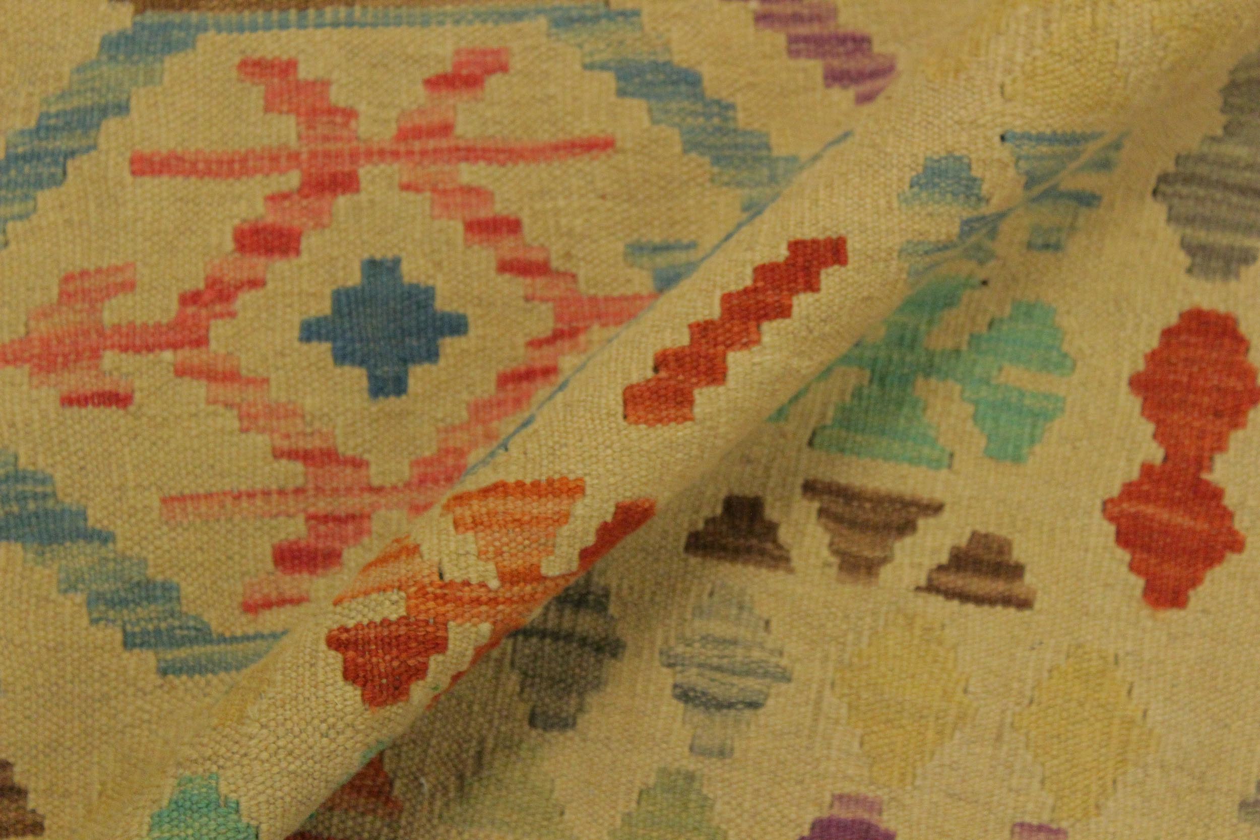 handmade Geometric Kilim Tan Blue Hand-Woven RECTANGLE 100% WOOL area rug 7 x 10
