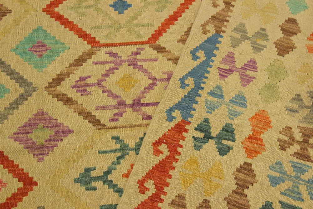 handmade Geometric Kilim Tan Blue Hand-Woven RECTANGLE 100% WOOL area rug 7 x 10