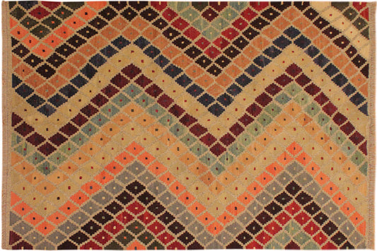 handmade Modern Kilim Tan Beige Hand-Woven RECTANGLE 100% WOOL area rug 5x7