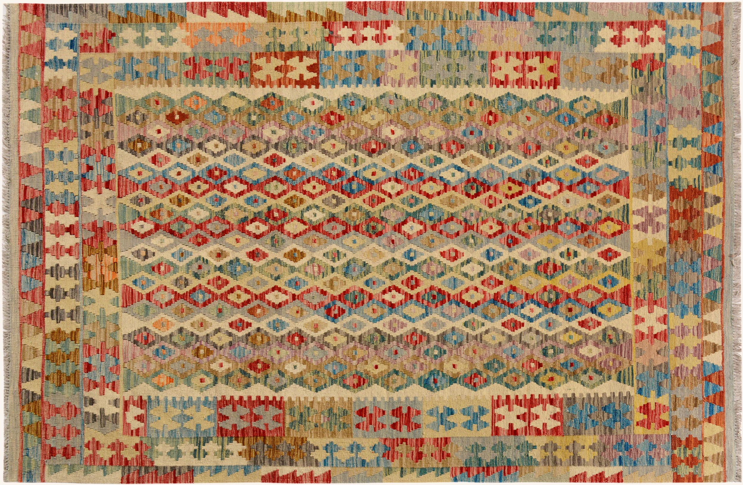 handmade Geometric Kilim Beige Blue Hand-Woven RECTANGLE 100% WOOL area rug 5 x 7