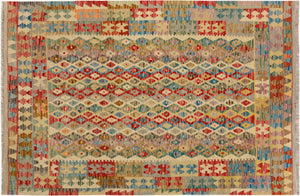 5x7 hand woven Turkish Modern Kilim wool rug in beige and blue - Turkish Chevron Avelina