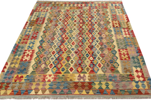 handmade Geometric Kilim Beige Blue Hand-Woven RECTANGLE 100% WOOL area rug 5 x 7