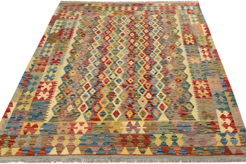 handmade Geometric Kilim Beige Blue Hand-Woven RECTANGLE 100% WOOL area rug 5 x 7