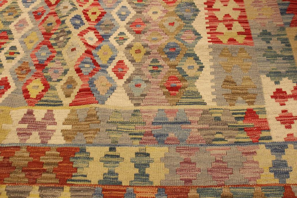Flat Weave Kilim Antique Navaho Vintage handmade Geometric Kilim Beige Blue Hand-Woven Rectangle 100% Wool Area Rug 5x7 