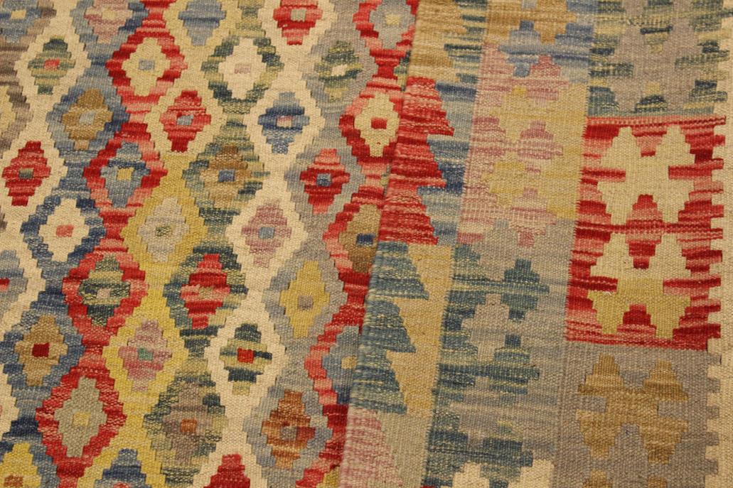 Flat Weave Kilim Antique Navaho Vintage handmade Geometric Kilim Beige Blue Hand-Woven Rectangle 100% Wool Area Rug 5x7 