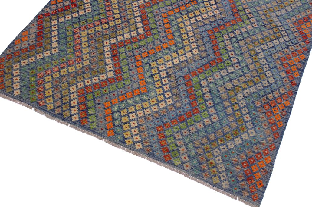 Flat Weave Kilim Antique Navaho Vintage handmade Modern Kilim Blue Red Hand-Woven Rectangle 100% Wool Area Rug 7x10 