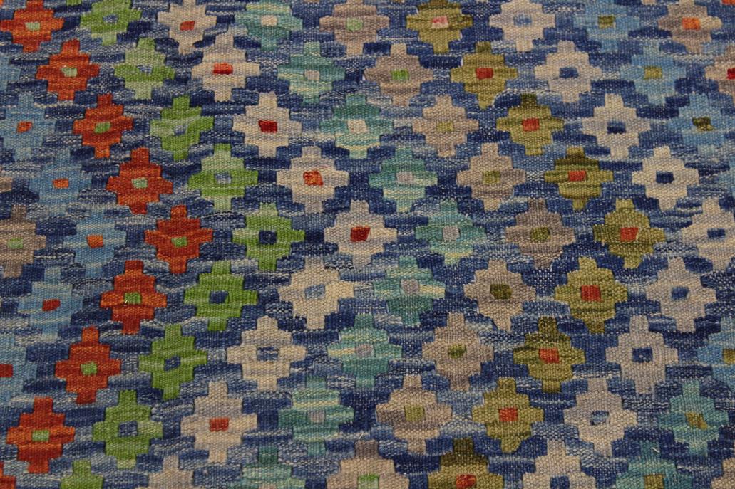 Flat Weave Kilim Antique Navaho Vintage handmade Modern Kilim Blue Red Hand-Woven Rectangle 100% Wool Area Rug 7x10 