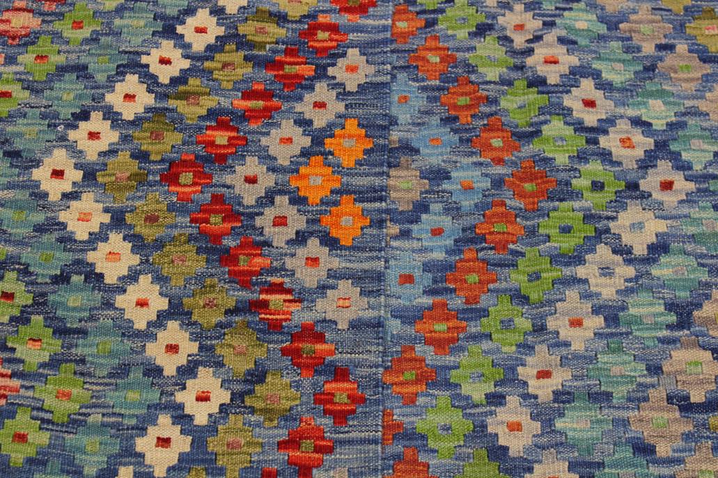 Flat Weave Kilim Antique Navaho Vintage handmade Modern Kilim Blue Red Hand-Woven Rectangle 100% Wool Area Rug 7x10 