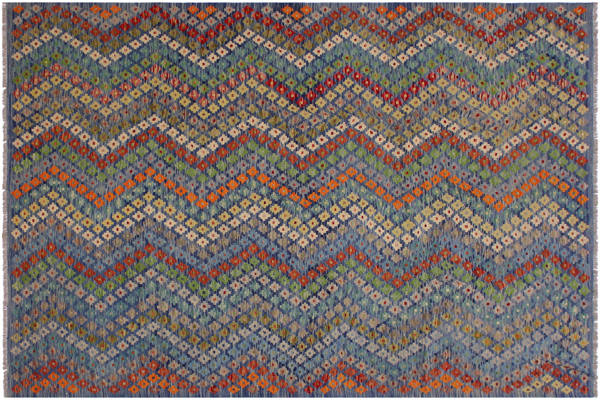 7x10 hand woven Turkish Modern Kilim wool rug in blue and red - Turkish Bohemian Kristie