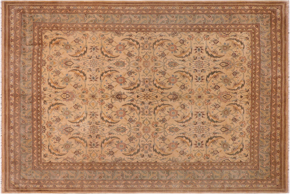 handmade Traditional Lahore Tan Lt. Green Hand Knotted RECTANGLE 100% WOOL area rug 8' x 10'