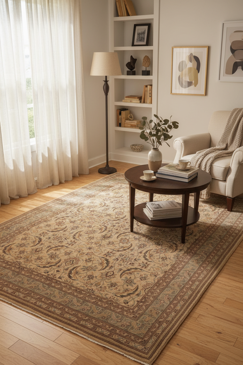 handmade Traditional Lahore Tan Lt. Green Hand Knotted RECTANGLE 100% WOOL area rug 8' x 10'