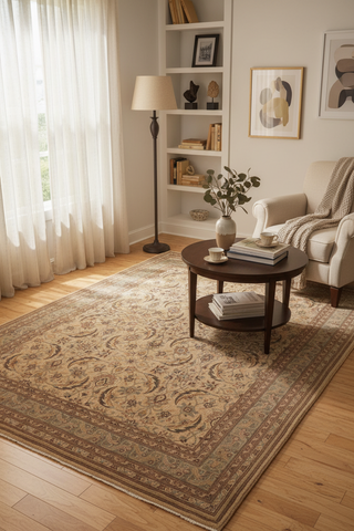 handmade Traditional Lahore Tan Lt. Green Hand Knotted RECTANGLE 100% WOOL area rug 8' x 10'