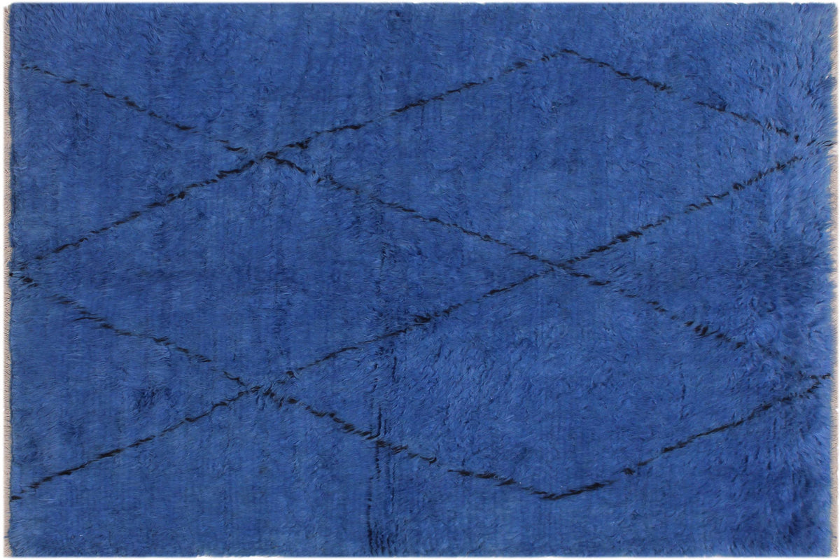 6x7 hand knotted Moroccan style wool rug in blue and black - Modern Moroccan Moha