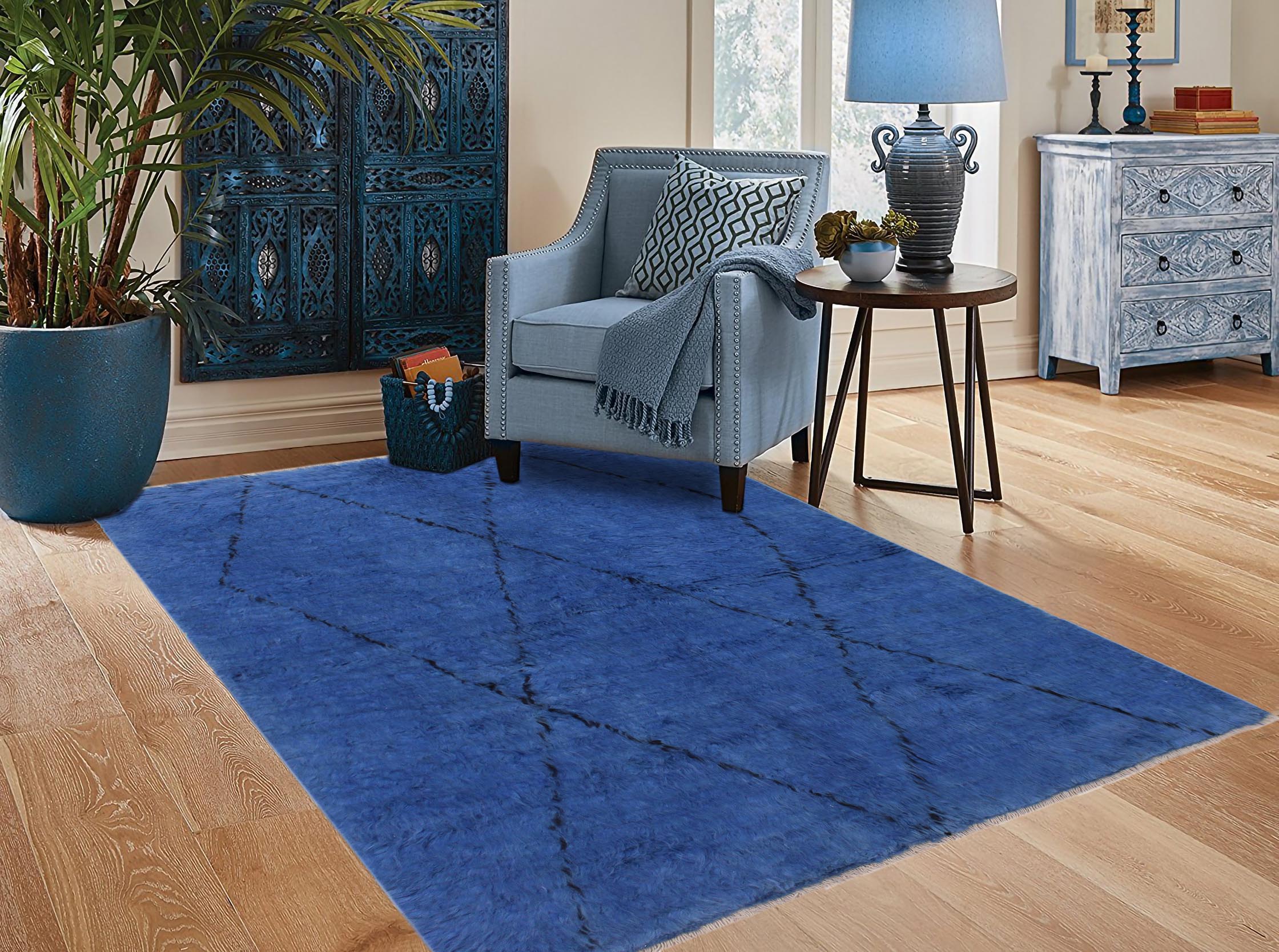 handmade Modern Moroccan Blue Black Hand Knotted RECTANGLE 100% WOOL area rug 6' x 7'