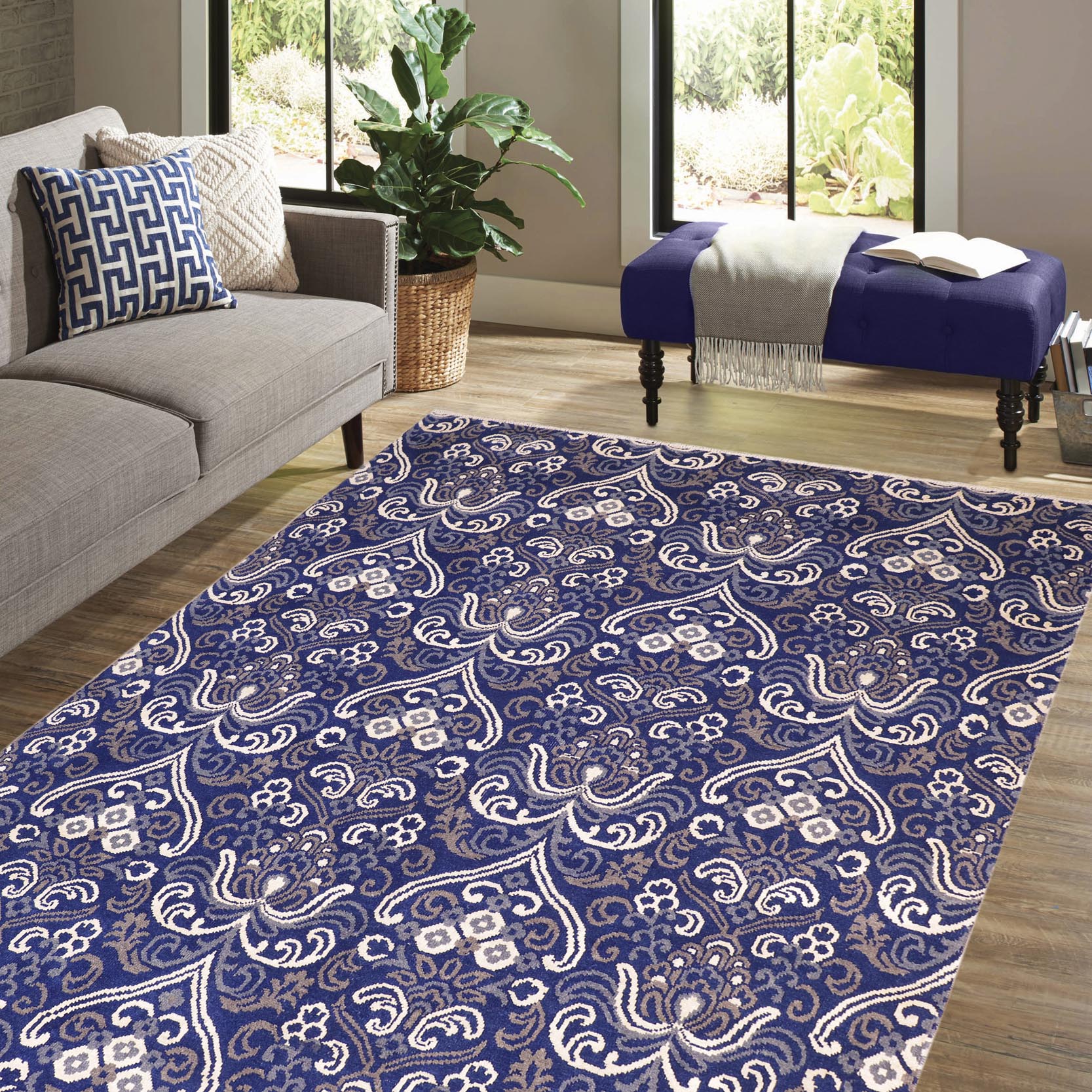 handmade Modern Kafkaz Blue Ivory Hand Knotted RECTANGLE WOOL&VISCOU area rug 8' x 10'