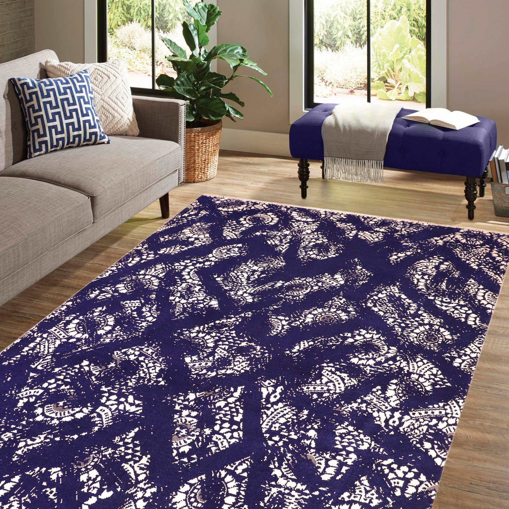 handmade Modern Abstract Blue Ivory Hand Knotted RECTANGLE WOOL&SILK area rug 8' x 10'