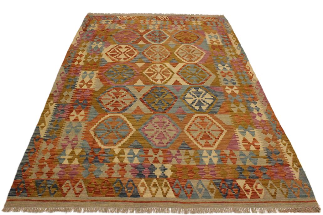 Flat Weave Kilim Antique Navaho Vintage handmade Geometric Kilim Beige Gold Hand-Woven Rectangle 100% Wool Area Rug 6x8 