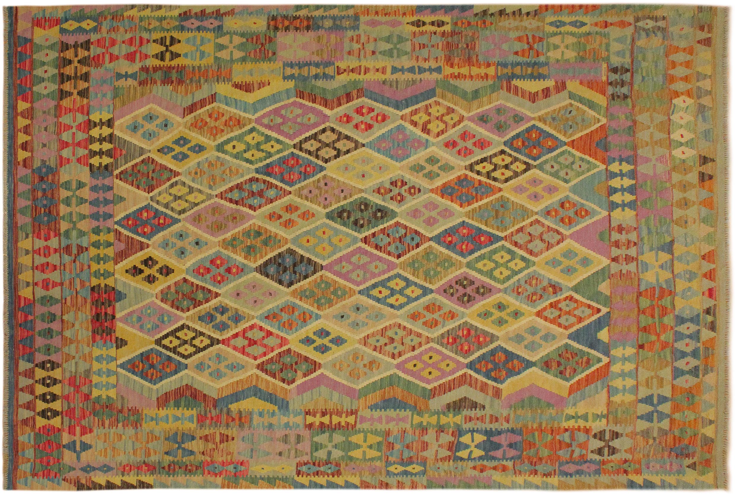 handmade Geometric Kilim Blue Beige Hand-Woven RECTANGLE 100% WOOL area rug 7 x 10