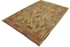 Flat Weave Kilim Antique Navaho Vintage handmade Geometric Kilim Blue Beige Hand-Woven Rectangle 100% Wool Area Rug 7x10 